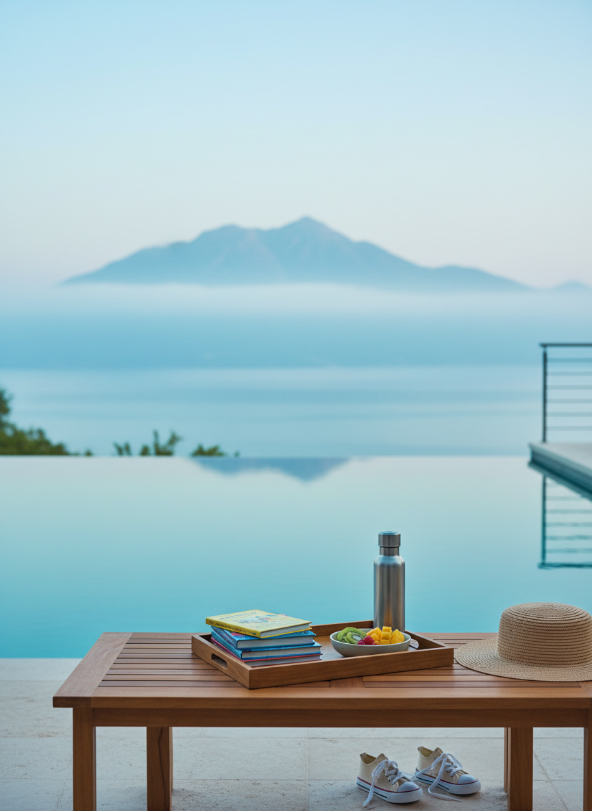 A dreamy yet polished view from a private villa terrace designed for families: an elegant low outdoor table in smooth teak holds a wooden tray with neatly stacked picture books, a stainless-steel insulated water bottle, and a small bowl of sliced fruit. Nearby, a pair of tiny canvas sneakers rests beside a woven sun hat, suggesting young explorers. Beyond, an infinity pool gently mirrors a soft turquoise sea and distant mountains. Early morning light bathes the scene in cool, diffused tones, with faint mist drifting above the water. Shot at a slightly elevated angle with the tray in sharp focus and the background rendered in creamy bokeh, the image combines sophisticated photographic realism with a tranquil, aspirational atmosphere, perfect for a dreamy family destination guide.