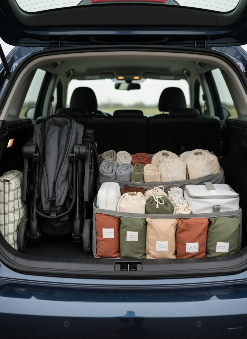 The interior of a meticulously packed family car trunk, showcasing clever organization for traveling with small children. A charcoal-gray trunk organizer with structured compartments holds rolled bamboo pajamas, compact toy pouches, a slim white cooler bag, and neatly labeled packing cubes in muted earth tones. A collapsible travel stroller lies folded with precise lines beside a folded picnic blanket in checkered cream and sage. Soft overcast daylight enters from the open trunk door, creating gentle, even illumination and subtle reflections on the car’s dark paint. Captured from just outside the vehicle at an eye-level angle, the composition emphasizes depth as objects recede in tidy rows. The mood is efficient yet warm, conveying calm readiness in clean, modern photographic realism for a road-trip-with-toddlers feature.
