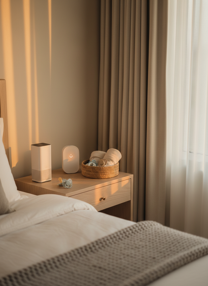 A serene, high-end hotel room nightstand prepared for a family with young kids: a slim, matte-white sound machine, a compact baby monitor with a soft glowing indicator, and a small woven basket containing pacifiers and a rolled cotton sleep sack. The nightstand is a pale wood with visible grain, beside a neatly made bed with crisp white bedding and a textured dove-gray throw. Golden hour light filters through floor-to-ceiling curtains, creating a warm gradient on the wall and gentle shadows behind each object. Captured from a slightly elevated angle with a shallow depth of field, the foreground objects are sharp while the headboard and window blur softly. The mood is calm, organized, and reassuring, embodying sophisticated photographic realism for a family travel sleep-hacks article.