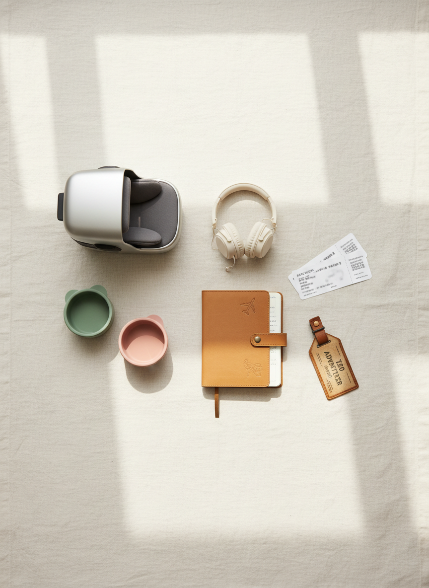 A beautifully curated flat lay of essential toddler travel gear on a wide linen-covered table in warm neutral tones. A brushed aluminum compact car seat, silicone snack containers in muted sage and blush, noise-canceling headphones sized for small heads, and a leather-bound travel journal are artfully arranged with boarding passes and a vintage-style airport tag. Soft overhead daylight from a nearby skylight creates diffused, shadowless illumination, enhancing fine textures and subtle colors. The composition follows a clean grid with ample negative space at the edges, shot from a perfectly vertical bird’s-eye view. The mood is composed and refined, evoking thoughtful preparation and expertise in traveling with small children, rendered in crisp photographic realism with a minimalist, editorial magazine feel.