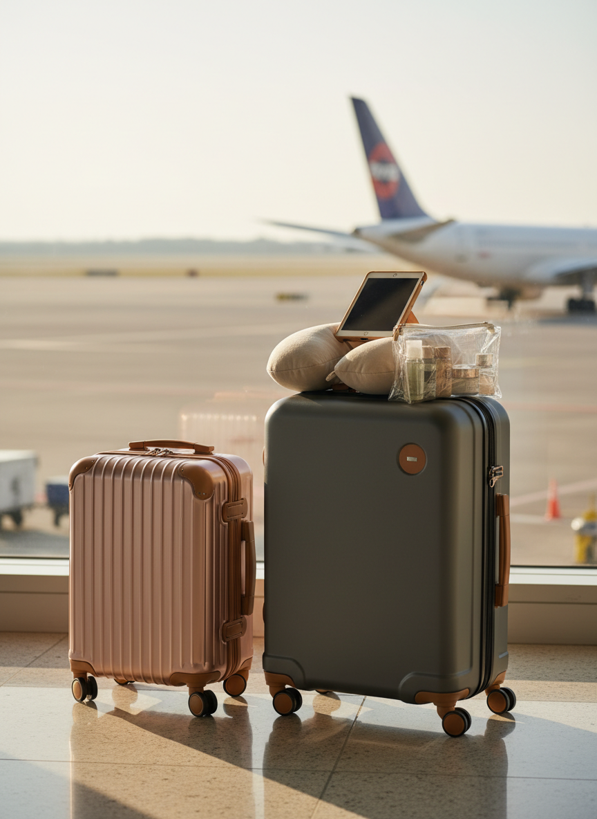 A refined airport scene focusing solely on objects: a small, wheeled children’s suitcase in brushed rose-gold metal with rounded corners and leather trim stands beside a sleek graphite-gray carry-on near a large terminal window. A plush travel pillow in soft oatmeal fabric rests on top, alongside a slim tablet in a sand-colored case and a transparent pouch of carefully decanted toiletries. Outside the glass, runway markings and a blurred aircraft tail hint at movement. Morning light streams in low, creating crisp highlights on metal surfaces and soft reflections on the polished floor. Shot from a slightly low angle with rule-of-thirds framing, the composition feels cinematic yet restrained, in crisp photographic realism, capturing the sophisticated anticipation of departure on a family journey.