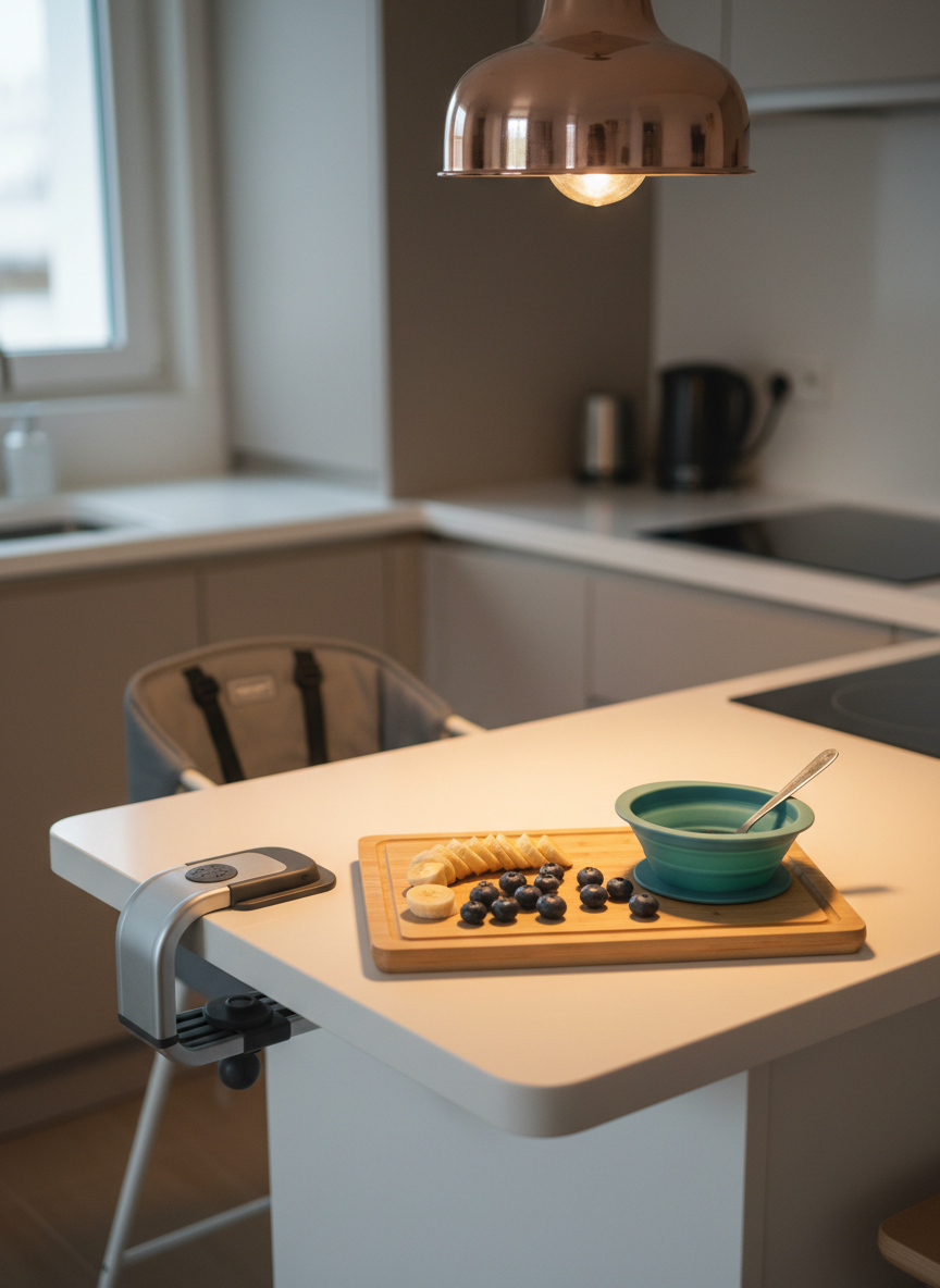 A compact, thoughtfully arranged rental kitchen counter designed for cooking with little ones on the road. A small bamboo cutting board holds a neatly sliced banana and blueberries, beside a collapsible silicone bowl in muted teal and a tiny stainless fork. A travel-friendly high chair clamp, made of brushed aluminum and charcoal fabric, is attached to a sleek white island edge. Warm pendant lighting above creates a pool of soft illumination on the work surface, while the background fades into a tasteful blur of neutral cabinetry and a discreet induction cooktop. Captured from a slightly elevated, three-quarter angle, the sharp focus on the feeding setup contrasts with the softened surroundings. The mood is practical yet elegant, rendered in clean photographic realism for an article on feeding toddlers while traveling.