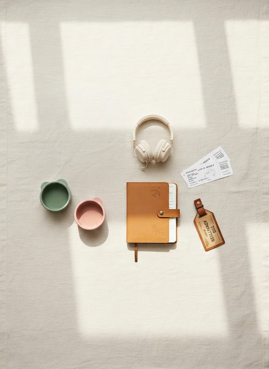 A beautifully curated flat lay of essential toddler travel gear on a wide linen-covered table in warm neutral tones. A brushed aluminum compact car seat, silicone snack containers in muted sage and blush, noise-canceling headphones sized for small heads, and a leather-bound travel journal are artfully arranged with boarding passes and a vintage-style airport tag. Soft overhead daylight from a nearby skylight creates diffused, shadowless illumination, enhancing fine textures and subtle colors. The composition follows a clean grid with ample negative space at the edges, shot from a perfectly vertical bird’s-eye view. The mood is composed and refined, evoking thoughtful preparation and expertise in traveling with small children, rendered in crisp photographic realism with a minimalist, editorial magazine feel.